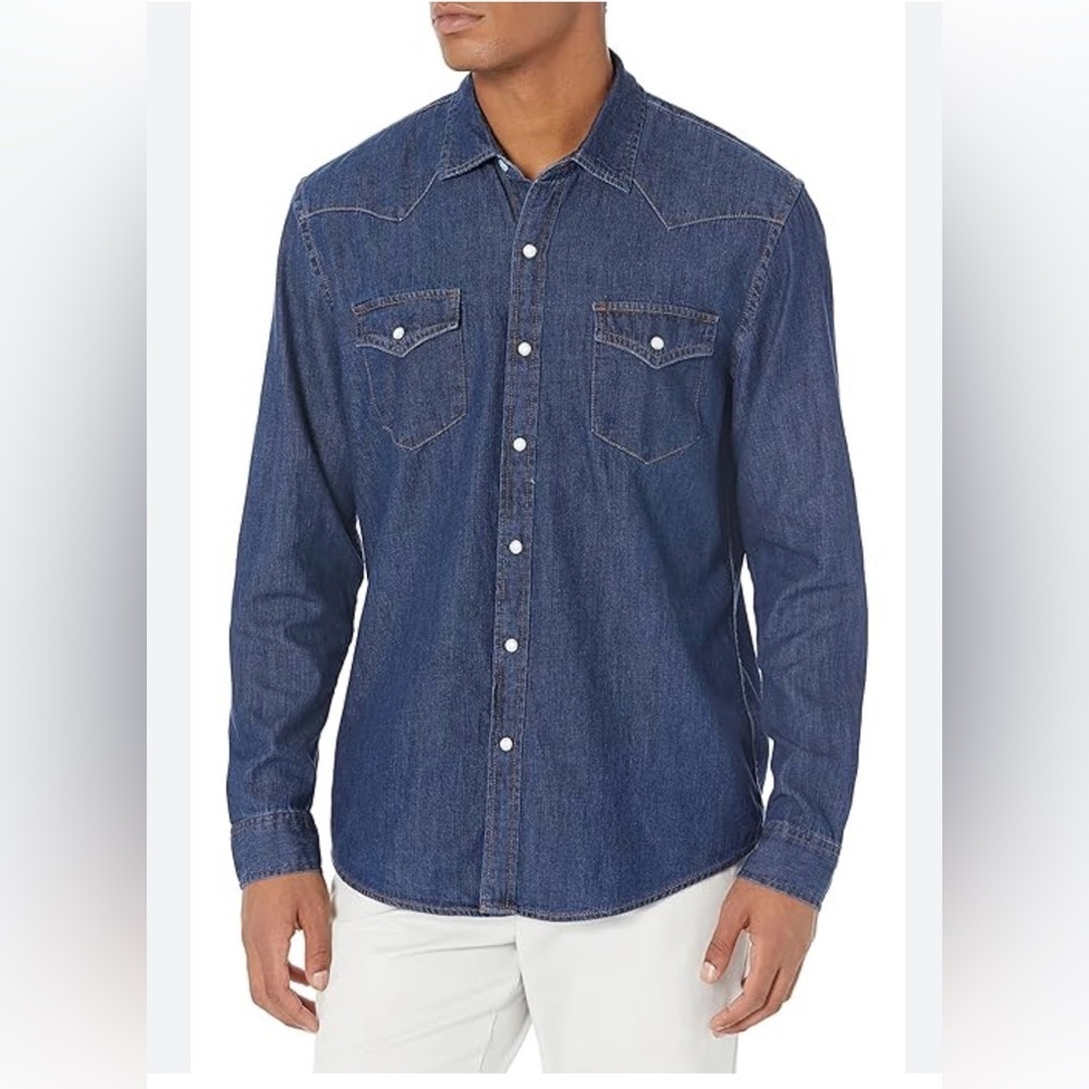 Amazon Essentials Men's Blue Denim Western Button Down Shirt, Size L